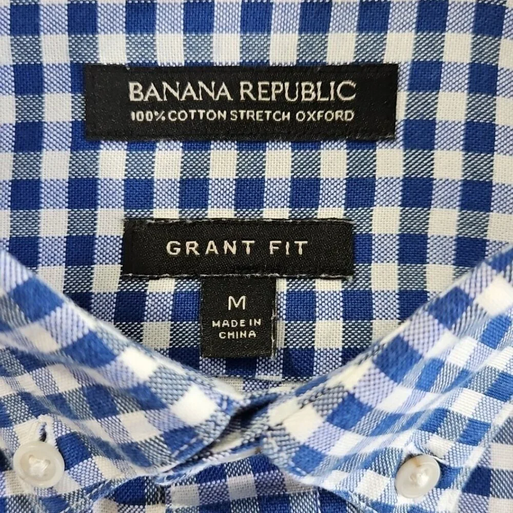 Banana Republic Grant Fit Shirt Men's‎ M Blue Check Stretch Oxford Button Up EUC